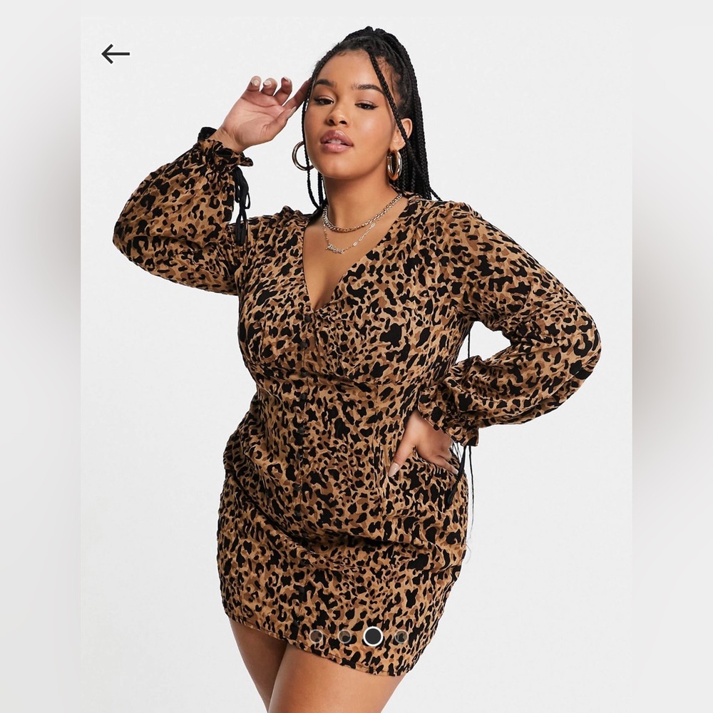 Koco & K Plus plunge front tie volume sleeve midi dress in leopard print
